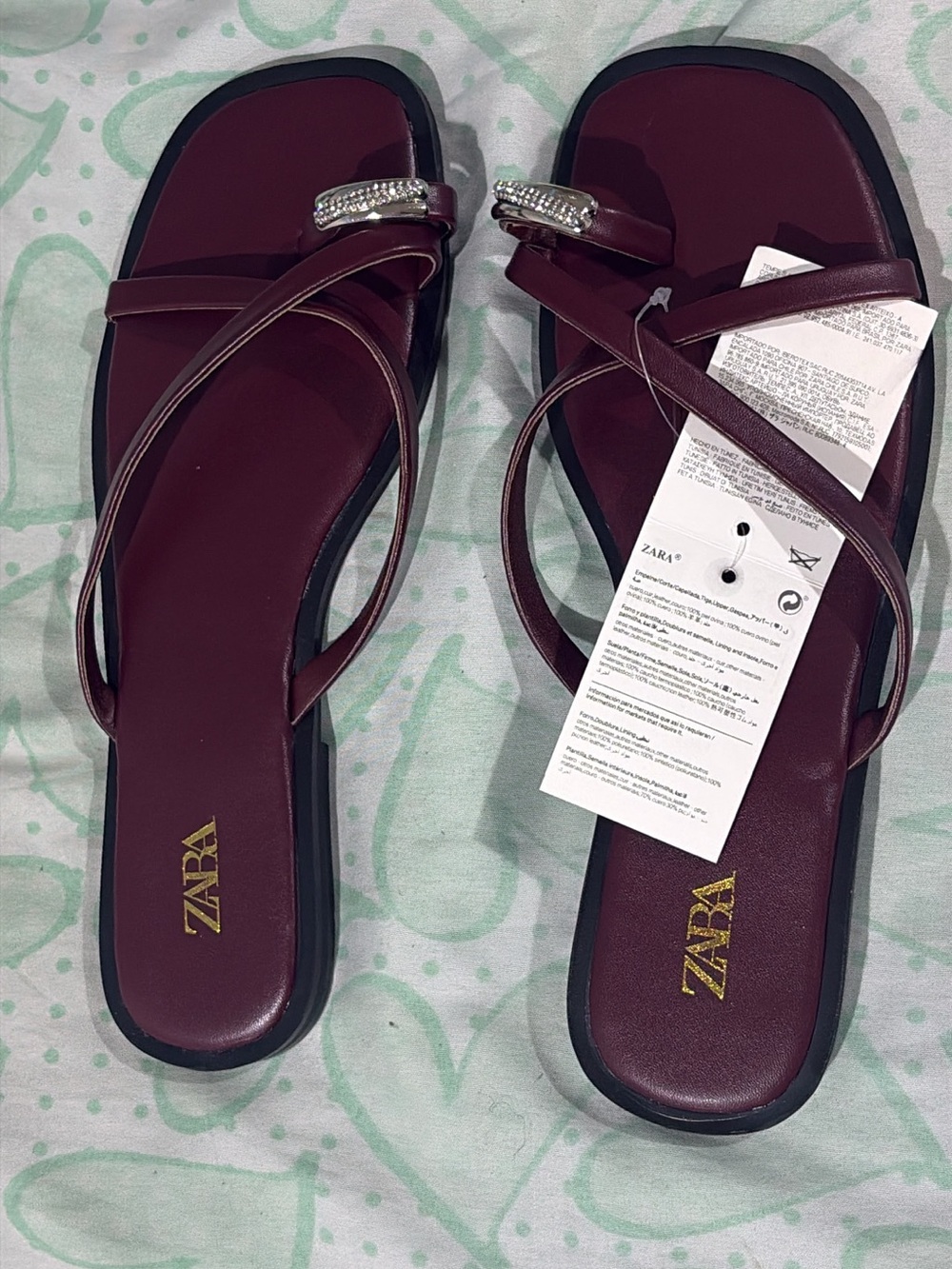 ZARA Burgundy Strappy Slide Sandals with Crystal Detail